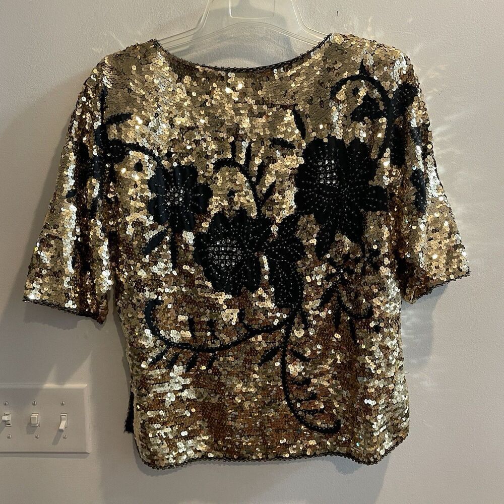 70s 80s Vintage Top Black Gold Sequins Disco Retro Art Deco M / L Women Floral - Picture 7 of 9